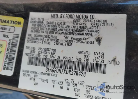 2013 Ford Fusion Se z USA, uszkodzony, nr VIN 3FA6P0H7XDR228428